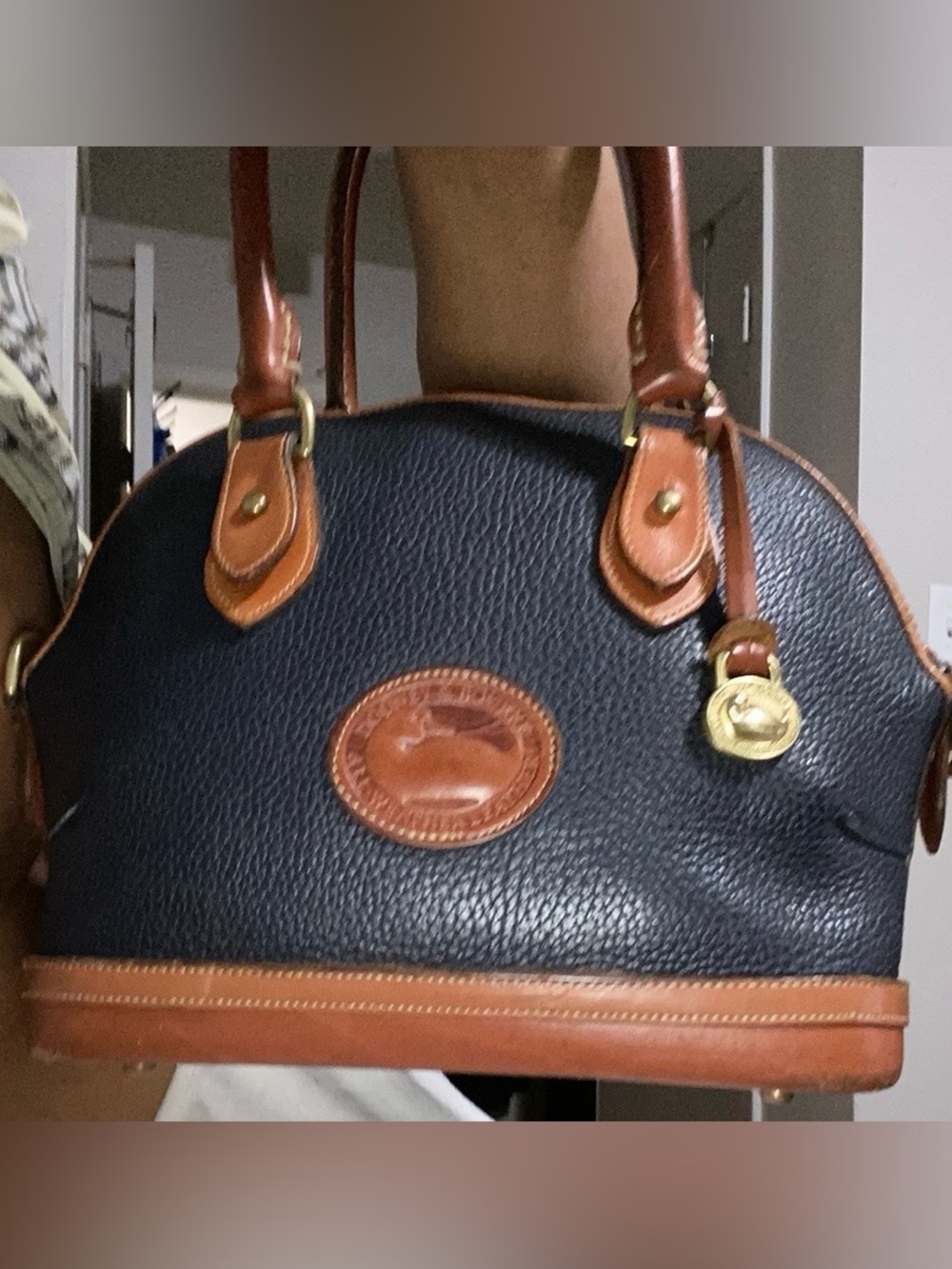 Dooney & Bourke Black Pebbled Leather Satchel with Brown Trim